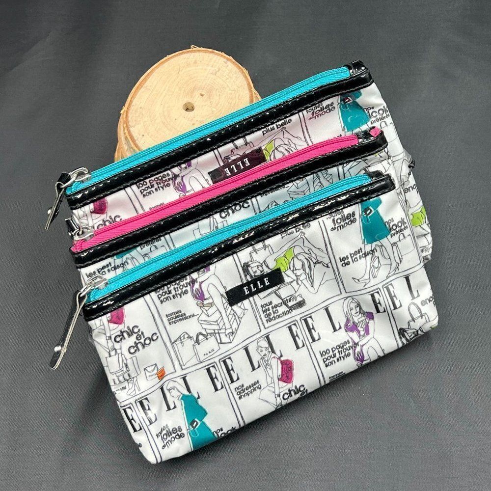 ELLE 3 Piece Graphic Logo Cosmetic Bag